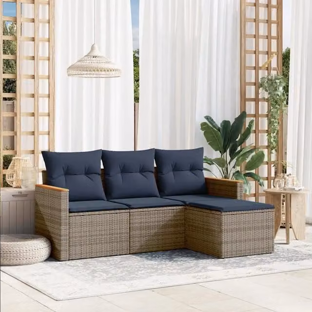 Set di Divani da Giardino a L vidaXL in Polyrattan con Cuscini Blu e Grigio