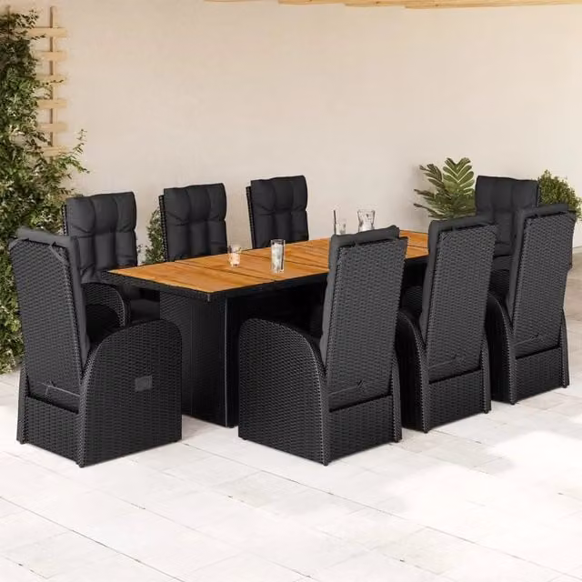 Set da pranzo da giardino vidaXL in legno di acacia e polyrattan nero con 9 pezzi
