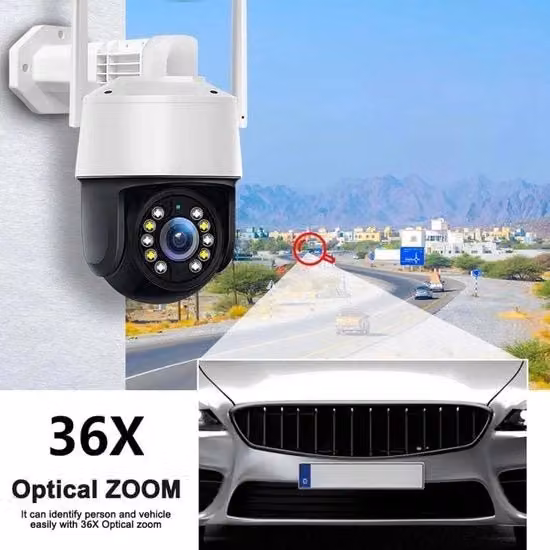 Telecamera di sicurezza PTZ da 5MP con zoom ottico 36x, bianca, esterna con protezione IP66, Wi-Fi e connessione LAN, con rotazione 355°, rilevamento movimento e conversazione bidirezionale