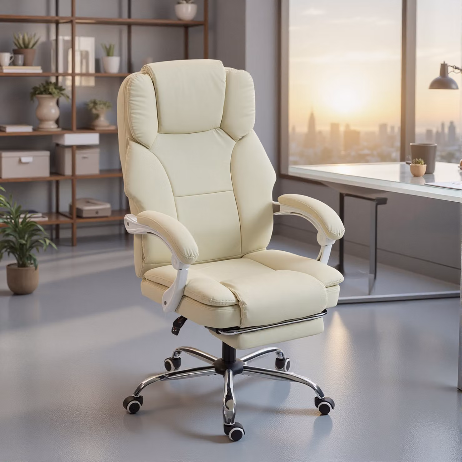 Sedia da ufficio reclinabile HOMCOM beige con poggiapiedi e poggiatesta, seduta girevole regolabile in altezza, L: 64 cm, P: 73 cm, H: 120 cm – 2