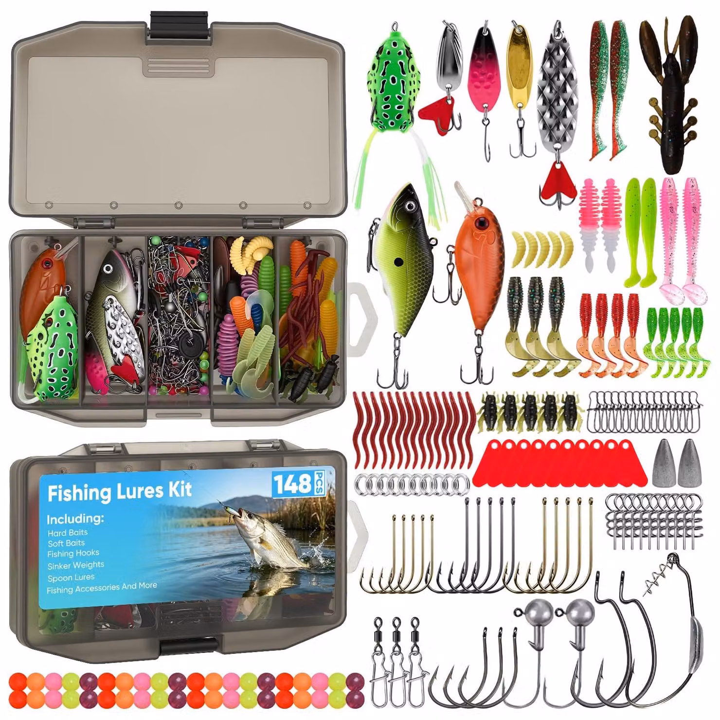 Kit completo da pesca da 148 pezzi, con scatola porta-attrezzatura e accessori