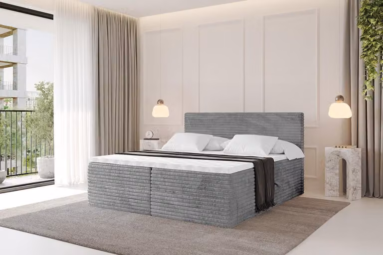 Letto boxspring ALTDECOR - TOLO-v1 120x200 in velluto a coste - Grigio chiaro - Set completo con materasso a molle insacchettate e topper, letto imbottito con materasso H4, cassetti, rete a doghe, letto con contenitore, letto matrimoniale, letto a cassett