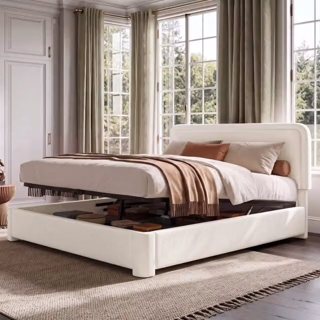 Letto contenitore matrimoniale 160 × 200 cm con vano idraulico, testiera regolabile, senza materasso, bouclé bianco