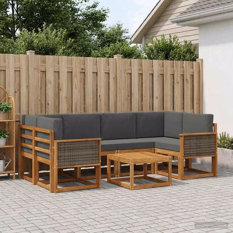Set di divani da esterno vidaXL in legno di acacia con cuscini, colore naturale e antracite, composto da 5 pezzi con forma a L, elemento angolare, pouf e tavolino da giardino