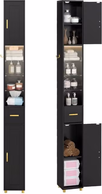 Mobiletto da bagno moderno Design Mania nero con ante a battente, ripiani interni e illuminazione integrata, L: 181 cm – 1
