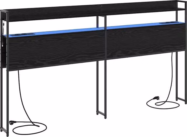Testata contenitore moderna in legno e metallo nero con illuminazione integrata e mensola porta USB
