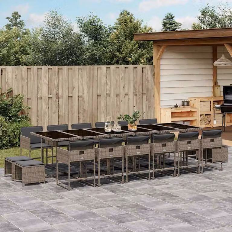 Set da Pranzo da Giardino vidaXL in Polyrattan con Cuscini e Piano in Vetro, 17 Pezzi, Grigio e Nero