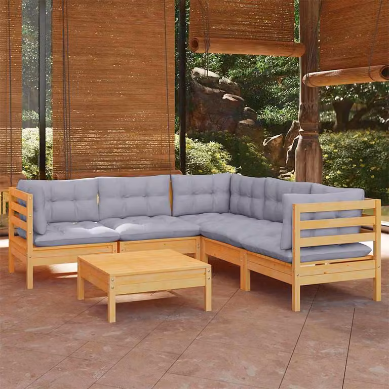 vidaXL Set Divani da Giardino 6 pz a L in Legno di Pino con Cuscini Grigi
