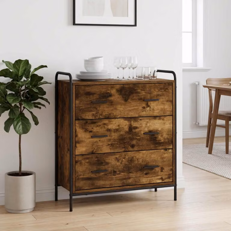 Credenza moderna vidaXL in legno ingegnerizzato e metallo, colore rovere fumo, L: 97 cm, P: 33 cm, H: 81 cm