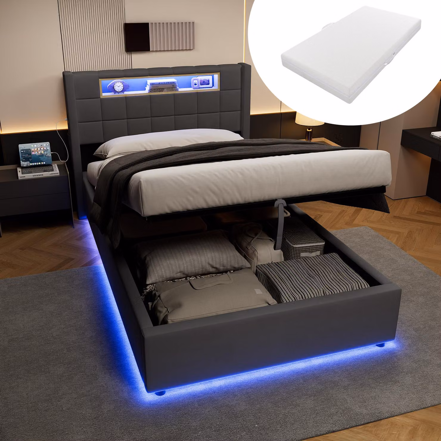 Letto imbottito MODFU 90x200, rivestito in velluto, con materasso, contenitore a sollevamento idraulico, illuminazione a LED e ripiano imbottito nella testiera. Letto per giovani con design moderno, colore grigio