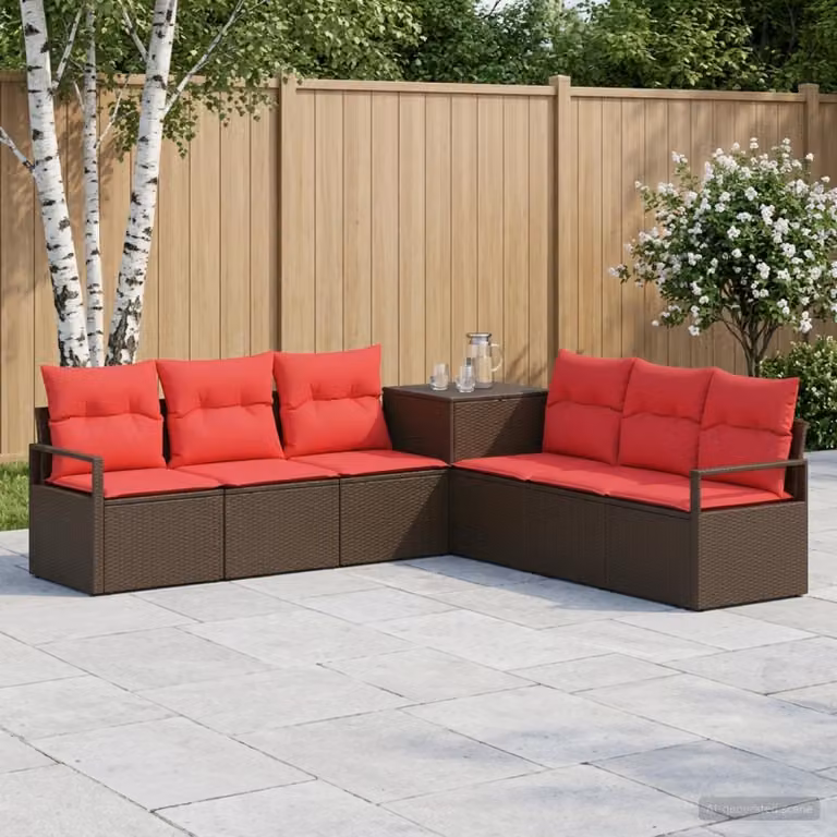 Set di divani da giardino vidaXL a forma di U composto da 7 pezzi in rattan e acciaio, colore marrone e rosso