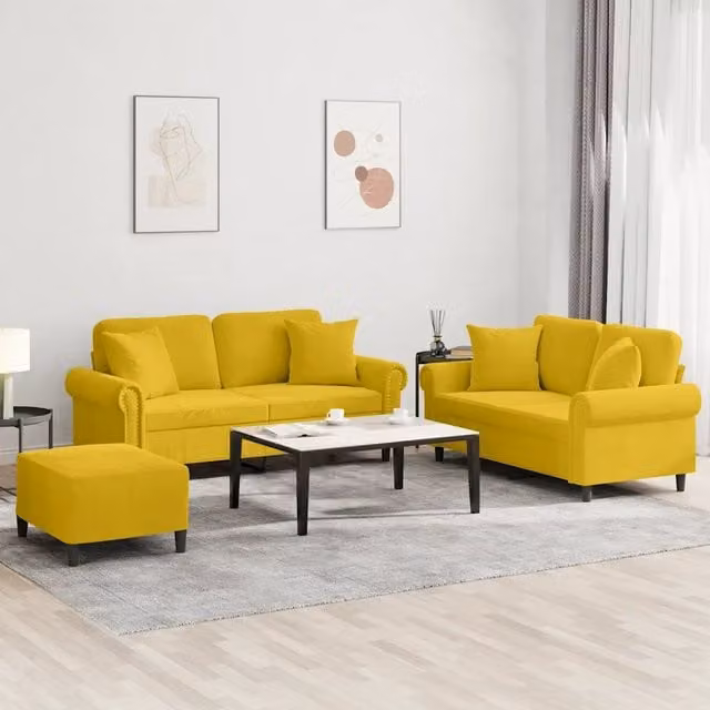 Set di 3 divani moderni vidaXL in velluto giallo con cuscini, L/P/H: 152 x 80 x 76 cm