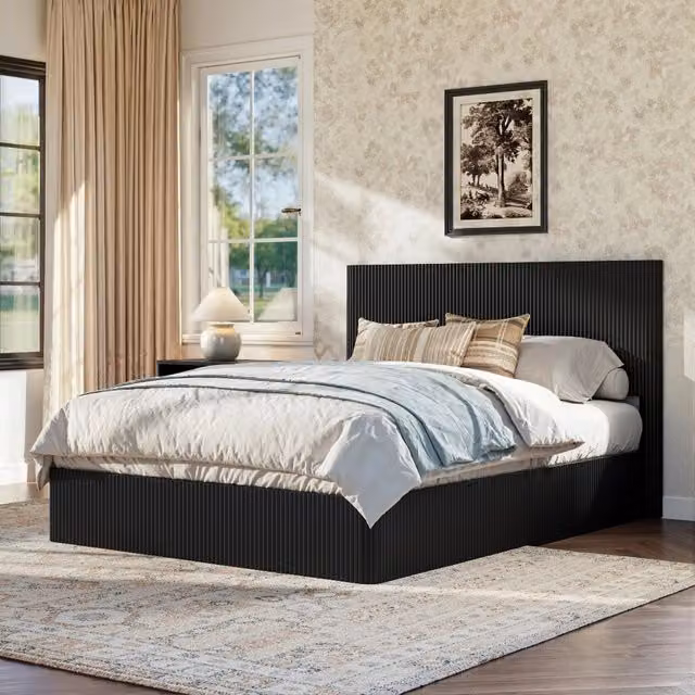 Letto moderno con effetto a scanalature e sollevamento idraulico, grande contenitore, doghe in legno massello, facile da pulire, 160 x 200 cm, Nero