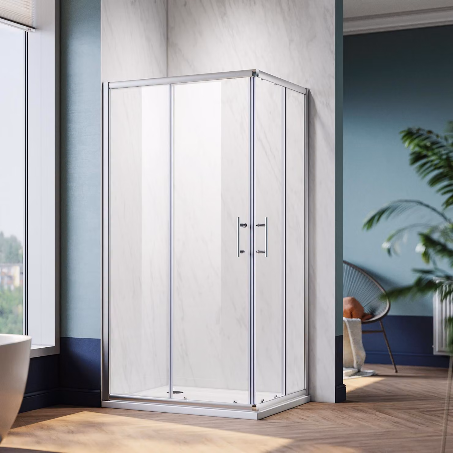SONNI Doccia ad angolo LxPxH: 70x100x185 cm Ingresso ad angolo Doppie porte scorrevoli Doccia Vetro singolo di sicurezza Funzione di sgancio rapido Protezione antispruzzo