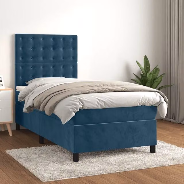 Letto moderno con giroletto a molle e materasso ibrido vidaXL in velluto blu e bianco L/P/H: 203 x 80 x 128 cm – 1