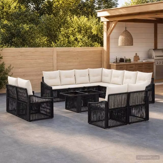 Set Divano da Giardino Moderno vidaXL in Polyrattan con Tavolino e Cuscini, Nero e Bianco Crema – 1