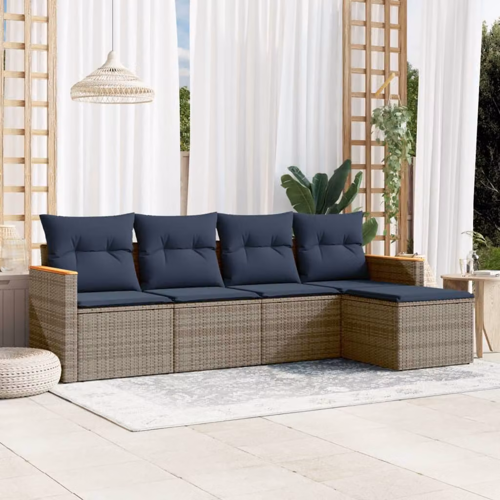 Set da giardino vidaXL composto da 5 pezzi con cuscini, design moderno a forma di L in rattan e metallo, colore grigio e blu
