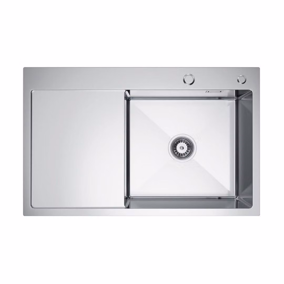 VBChome Lavello da cucina 78×49 cm in acciaio inossidabile color acciaio con sgocciolatoio a sinistra – Lavello a vasca singola da incasso, profondità 21 cm, mobile sottolavello minimo 50 cm