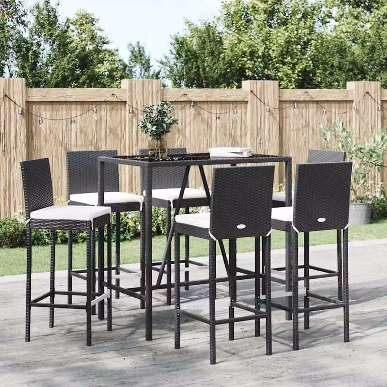 Set Bar da Giardino vidaXL 7 pz in Polyrattan Nero con Cuscini e Tavolo in Vetro