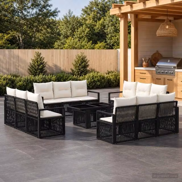 Set Divano da Giardino Moderno vidaXL in Polyrattan Nero e Bianco con Tavolino e Cuscini a Forma di U – 1
