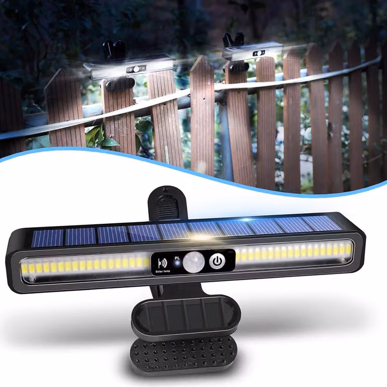 Lampada Solare da Esterno con Sensore di Movimento 120 Gradi IP55 LED 3 Modalita Montaggio Clip per Balcone Recinzione Garage Cortile