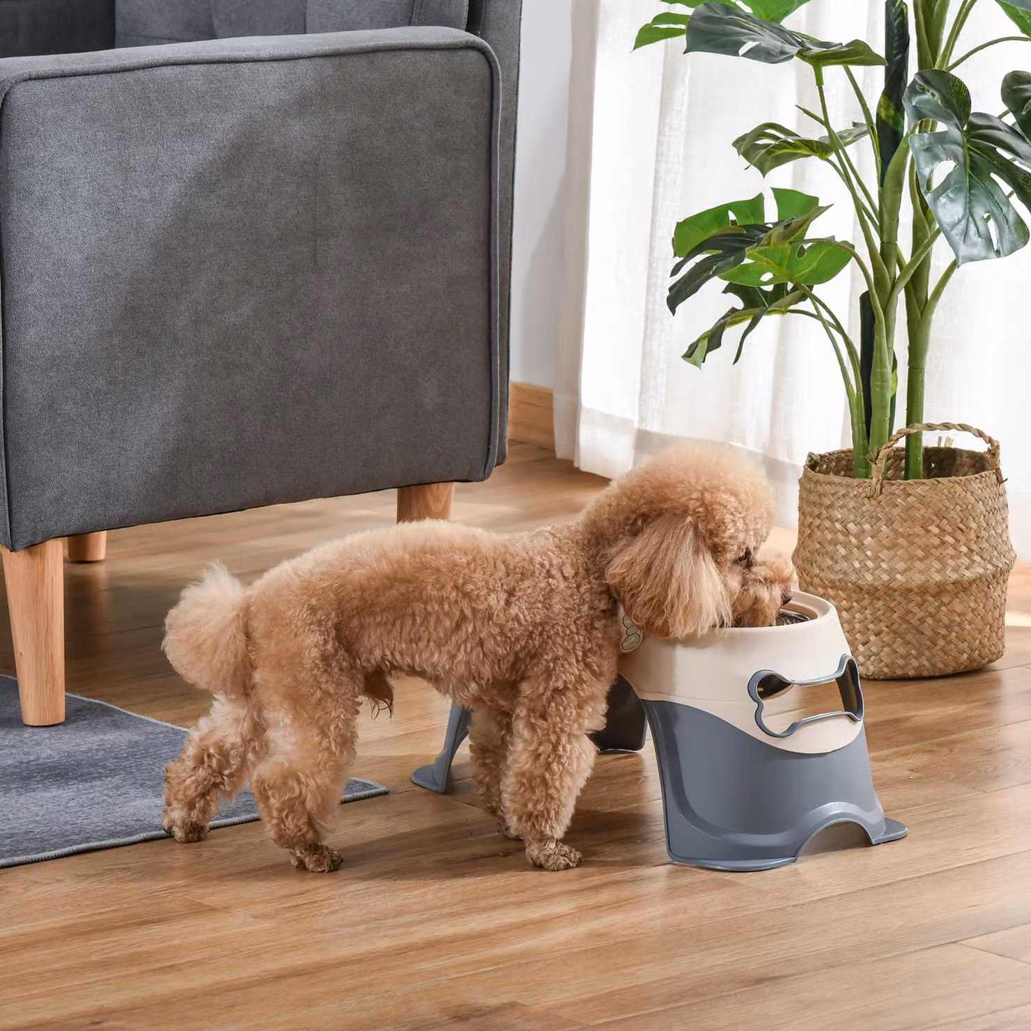 Doppia ciotola rialzata per cani PawHut in acciaio inox e plastica con piedini antiscivolo, L 47 cm x P 25 cm x H 20 cm, Bianco e Grigio – 2