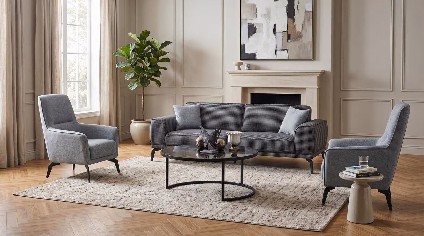Divano a 3 posti, poltrone (2), stile moderno, colori: nero, grigio, antracite