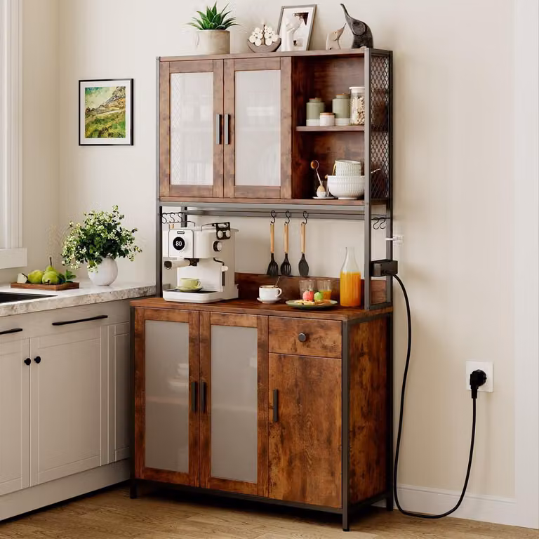 Mobile da cucina di 181 cm con piano di lavoro, 5 ante, 1 cassetto, prese elettriche, colore marrone e nero