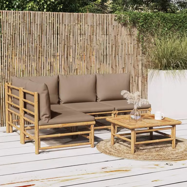 Set Salotto da Giardino vidaXL 5pz in Bambù con Cuscini Colore Tortora e Marrone