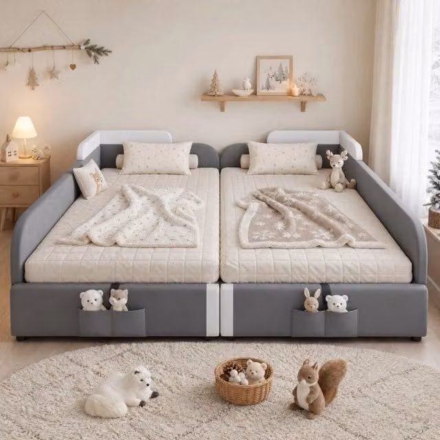 Letto per bambini imbottito con contenitore idraulico 90x200 cm x2 in velluto bianco e grigio