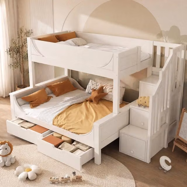 Letto a castello 90x200 e 140x200 cm con mobile scala e cassetti bianco
