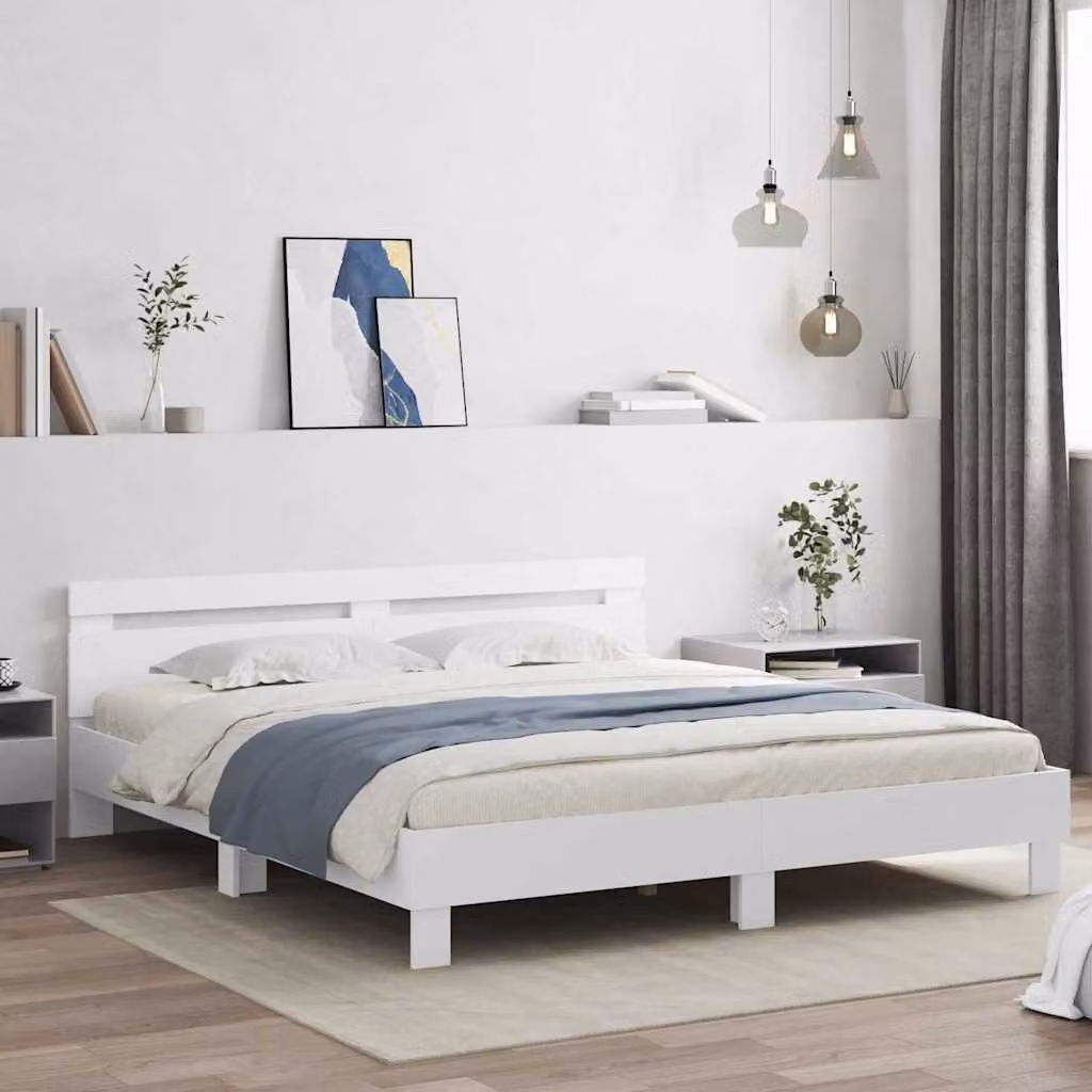 Letto moderno vidaXL in legno ingegnerizzato bianco con illuminazione sottostante e porta di ricarica USB L: 198 cm, P: 206 cm