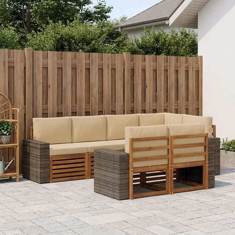 vidaXL Set di divani da esterno a L composto da 7 pezzi in legno di acacia e tessuto beige resistente ai raggi UV