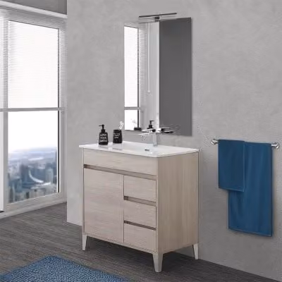 Mobile bagno da terra INBAGNO linea Way rovere chiaro con specchio e lavabo beige