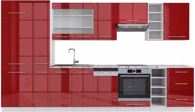 Cucina componibile moderna Fame-Line Vicco Bordeaux lucido e Bianco con piano in marmo, L: 355 cm