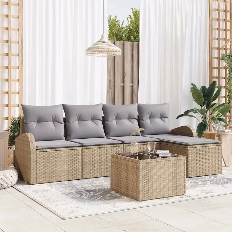Set di divani da giardino vidaXL in rattan con struttura in metallo, 6 pezzi, Beige e Grigio