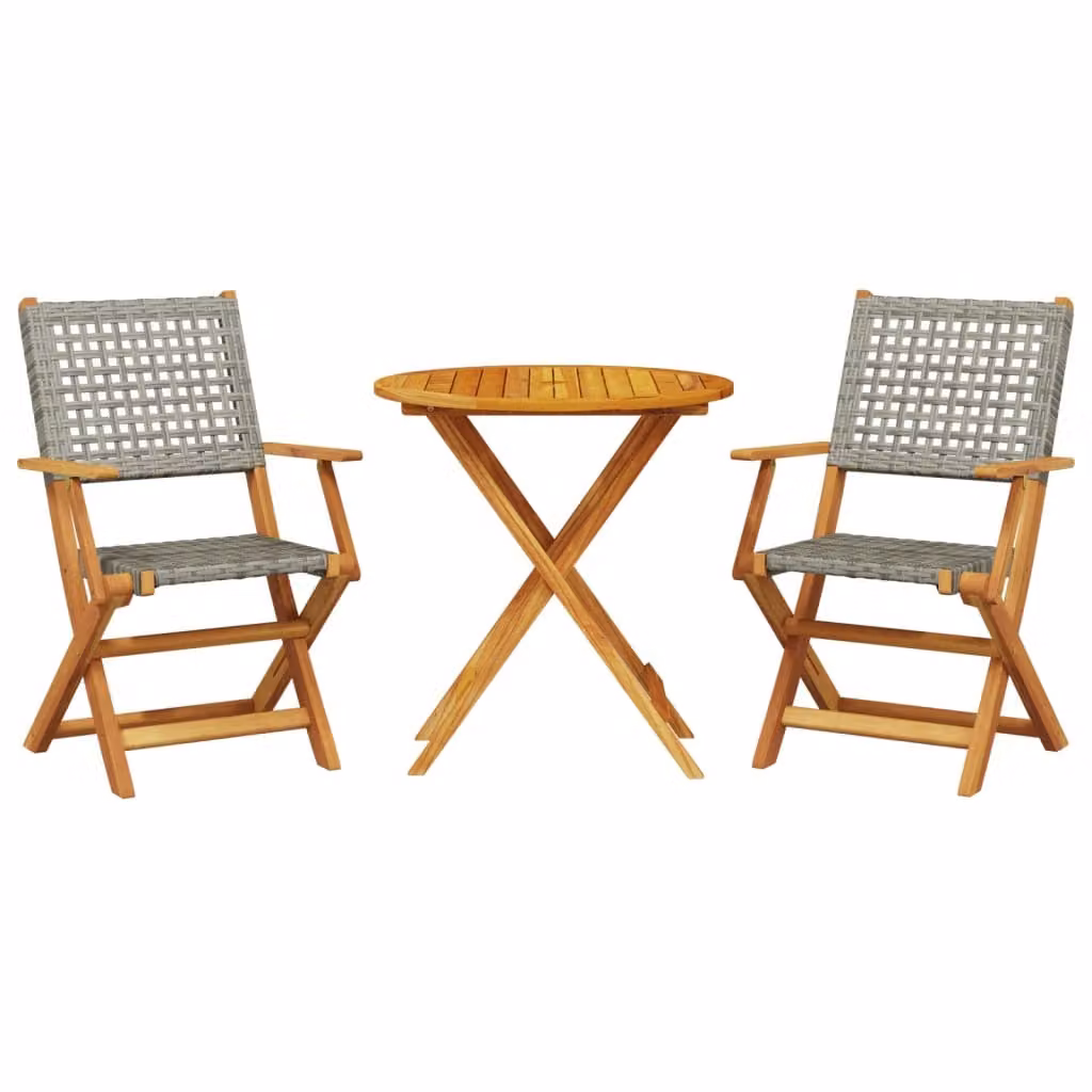 Set da Bistrot 3 pz Grigio in Polyrattan e Legno Massello