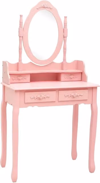 Toeletta moderna con sgabello rosa in legno di Paulownia e MDF, L: 75 cm, P: 69 cm, H: 140 cm
