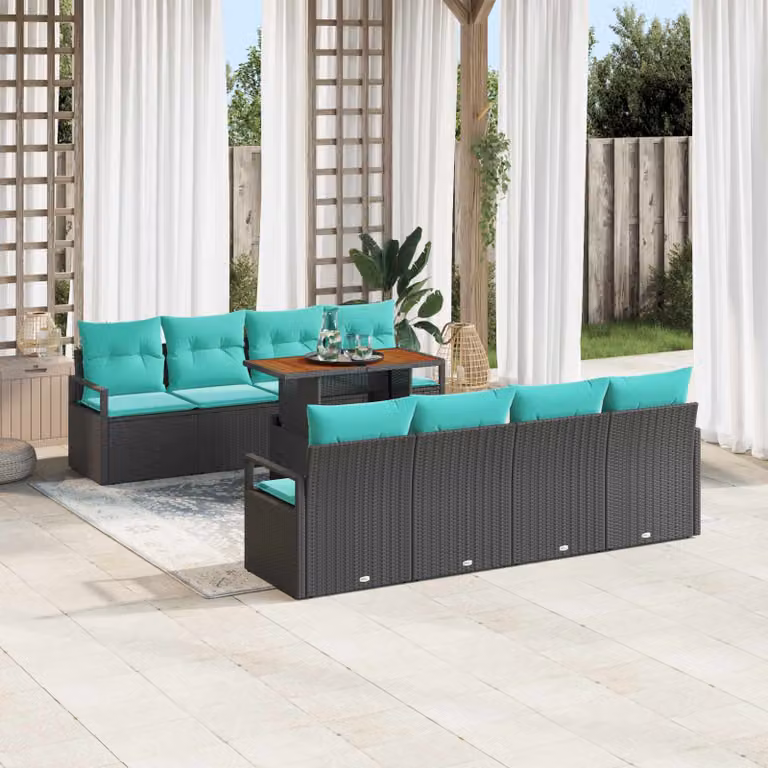 Set Divano da Giardino vidaXL 9 Pezzi a Forma di L con Tavolino, Colore Nero e Petrolio