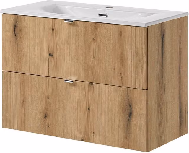 Mobiletto Sottolavabo NEWPORT a 2 Cassetti con Lavabo 80x57x39 cm - Effetto Rovere [en.casa]