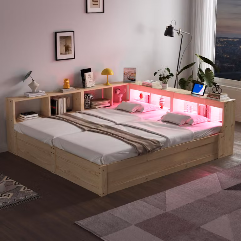 Divano letto idraulico Flieks con struttura in legno 90x200 cm/180x200 cm con vani portaoggetti, divano letto con funzione di contenimento e illuminazione a LED, finitura naturale