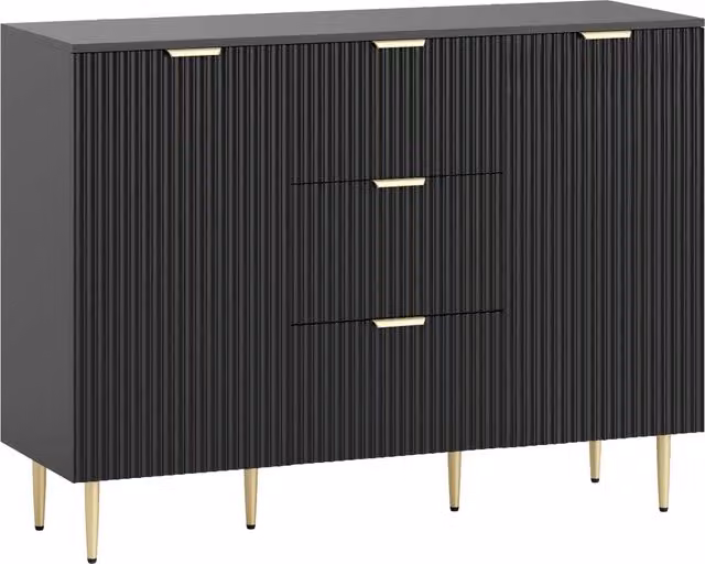 Credenza Moderna Canettata 120x40x89,5 cm con 3 Cassetti 2 Armadietti e Ripiani Regolabili Legno e Metallo Nero