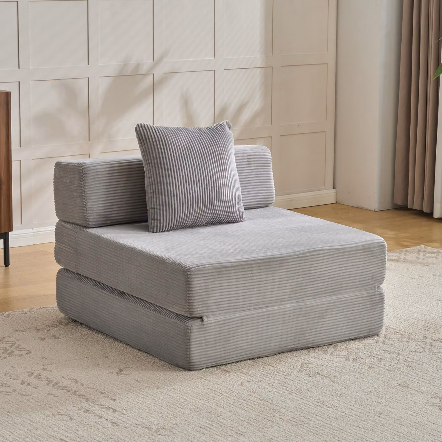 Divano a pavimento, divano componibile, trasformabile, divano letto singolo, cuscini, braccioli, tessuto corda, ideale per soggiorno/camera da letto. L3