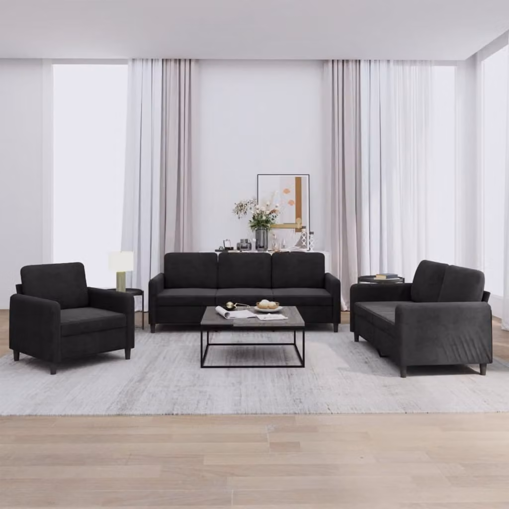 Set di divani 3 pezzi vidaXL in velluto nero per soggiorno moderno – 1