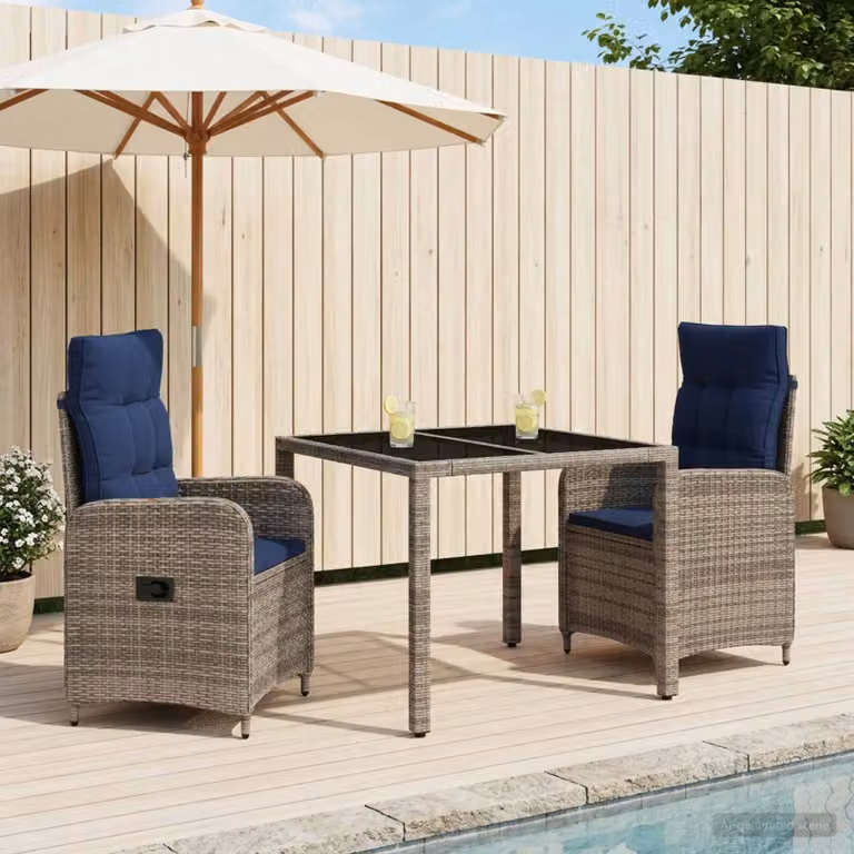 Set da pranzo per esterni vidaXL in polyrattan e vetro grigio, 3 pezzi