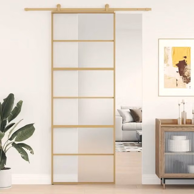 Porta Scorrevole vidaXL in Alluminio e Vetro Smerigliato, Colore Oro, L: 76 cm, H: 205 cm