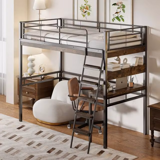 Letto a soppalco singolo 90×200 cm con scrivania, ripiani, scala e barriera, senza materasso, metallo e MDF nero