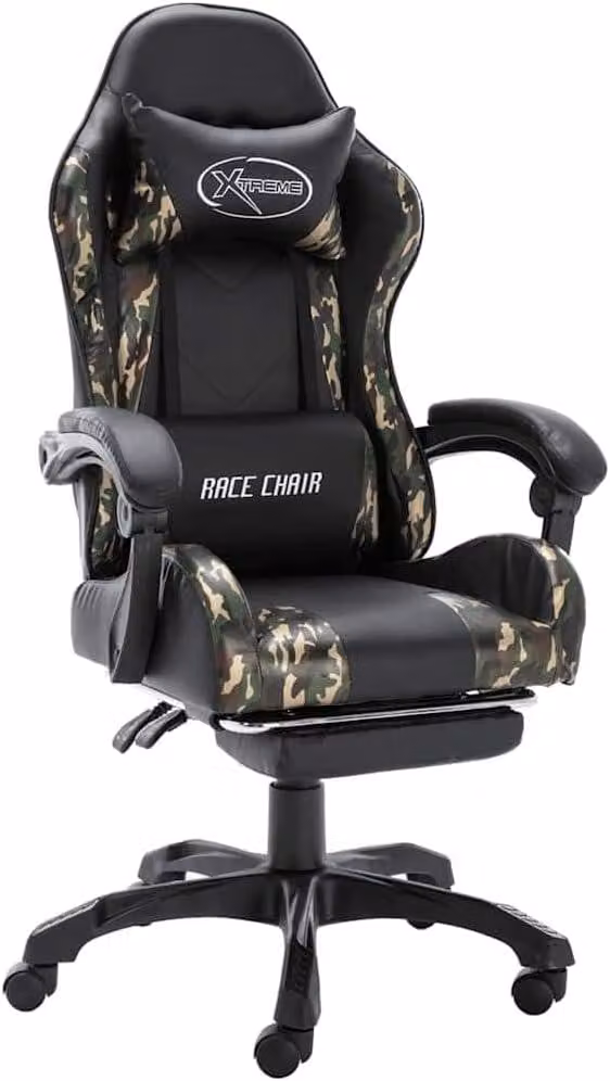 Sedia da gaming con poggiapiedi, in ecopelle, nera e con motivo camouflage. Sedia da ufficio ergonomica, girevole e regolabile in altezza, con braccioli imbottiti e poggiatesta, ideale per l'ufficio domestico e il gaming