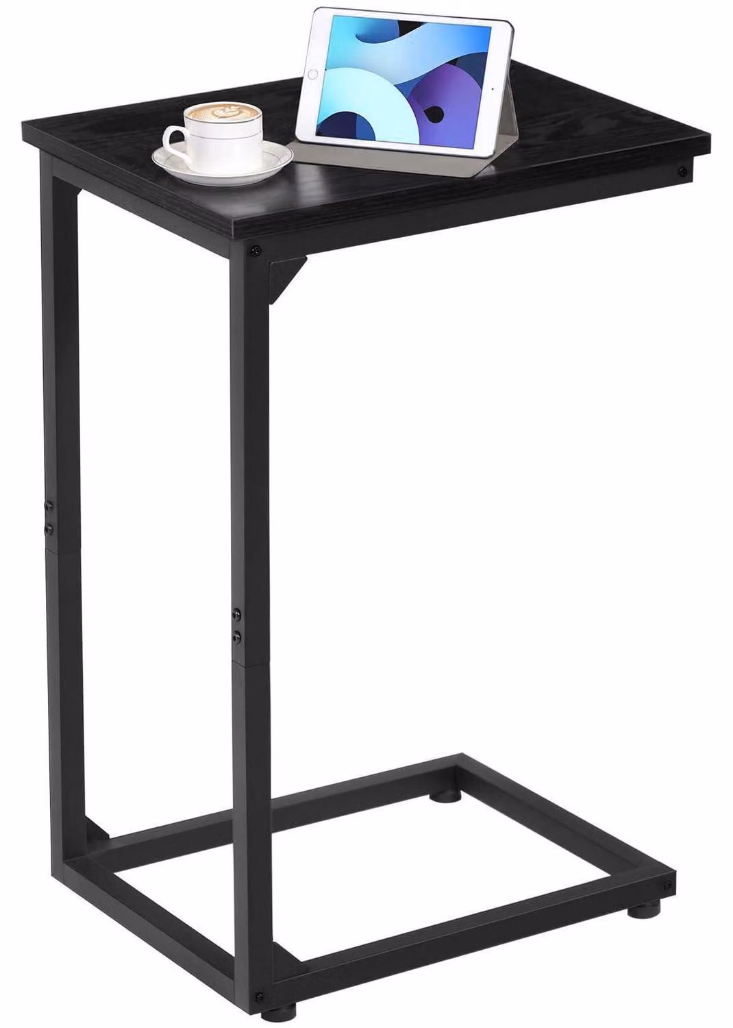 Tavolino laterale a forma di C, nero, dimensioni 39x29x59 cm, con piedini regolabili in altezza