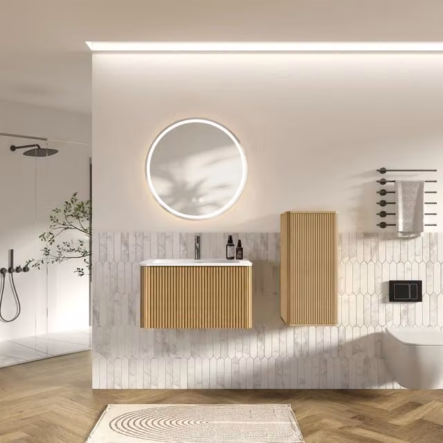 Set mobile bagno sospeso con lavabo, specchio LED e colonna laterale in effetto rovere